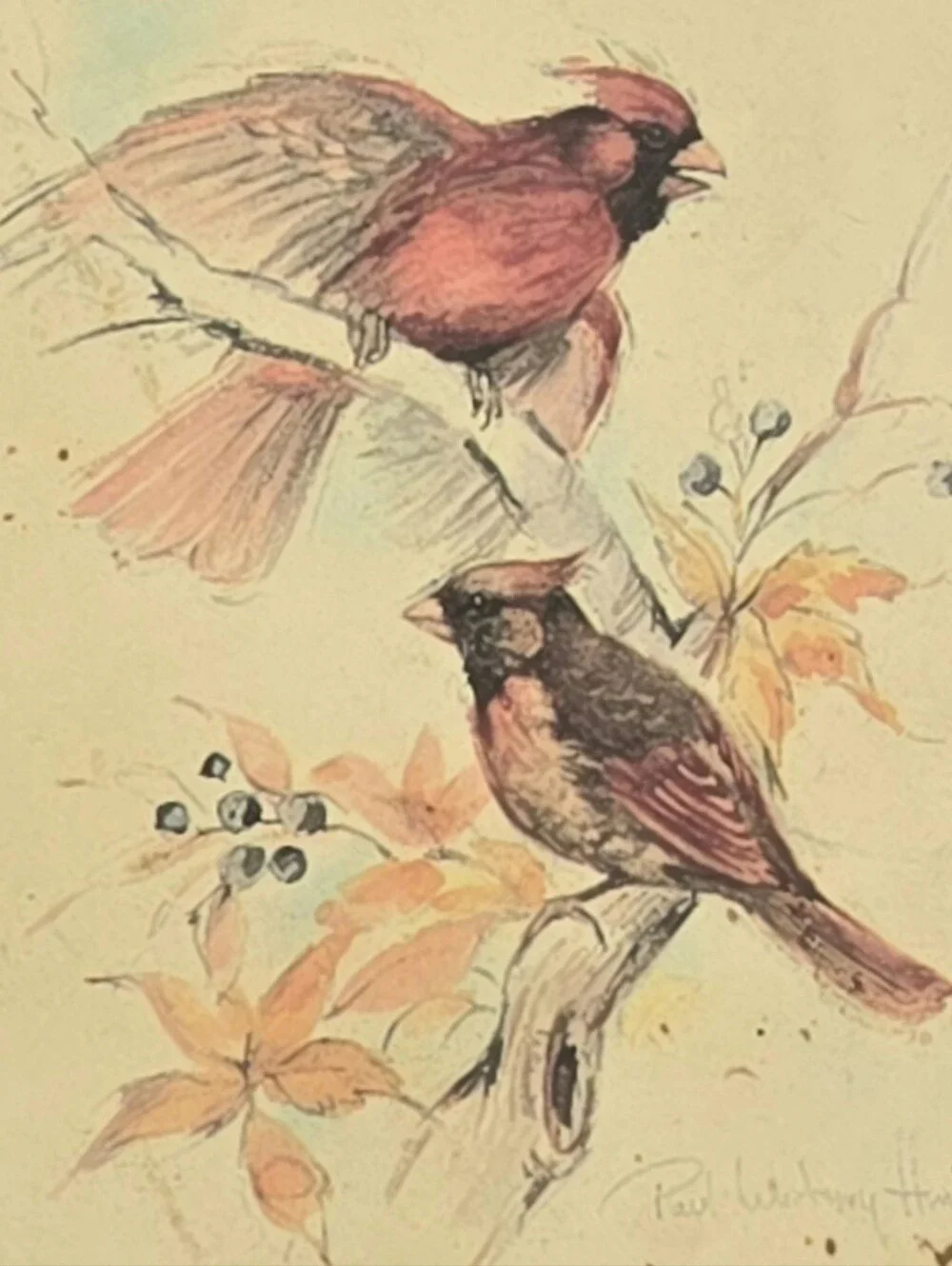 Paul Whitney Hunter Vintage lithograph print small carved wood frame Cardinals